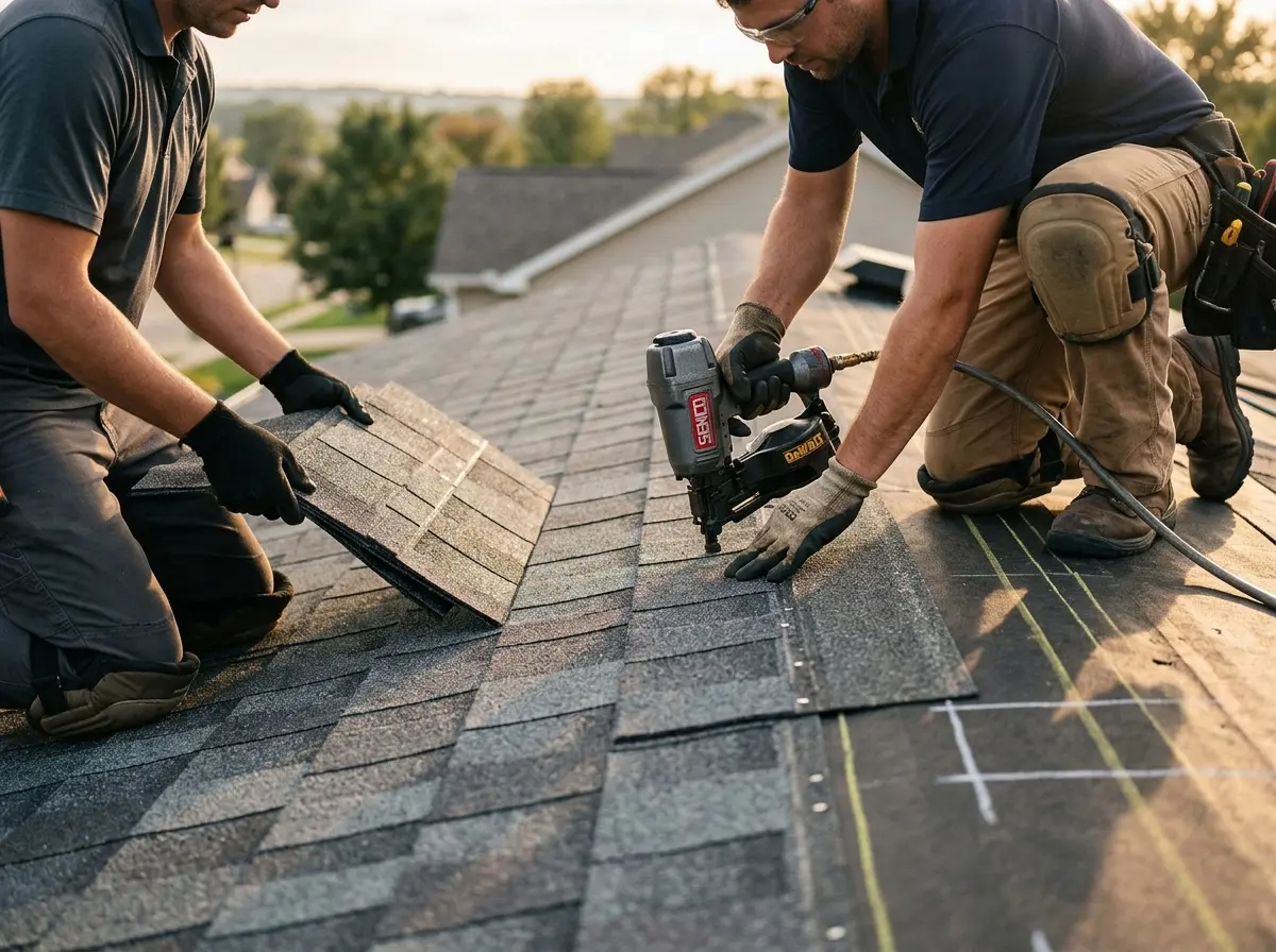 Professional roofer working on a residential roof in Merrillville